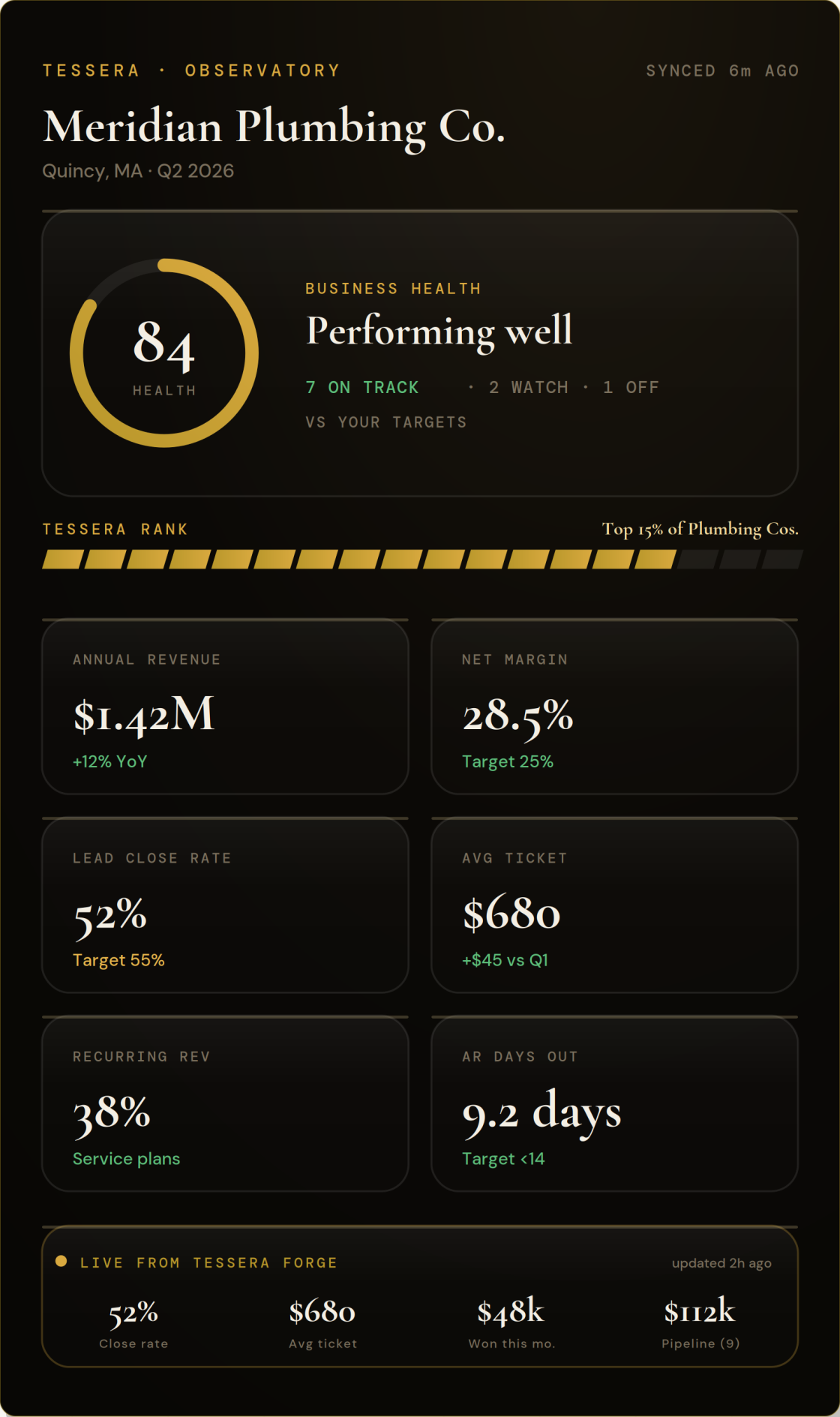 OBSERVATORY — Tessera’s business intelligence view showing a health score, revenue, margin, and close-rate KPIs against targets